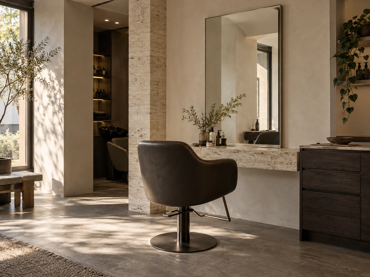 Interno caldo e materico di un hair studio contemporaneo, fotografia demo