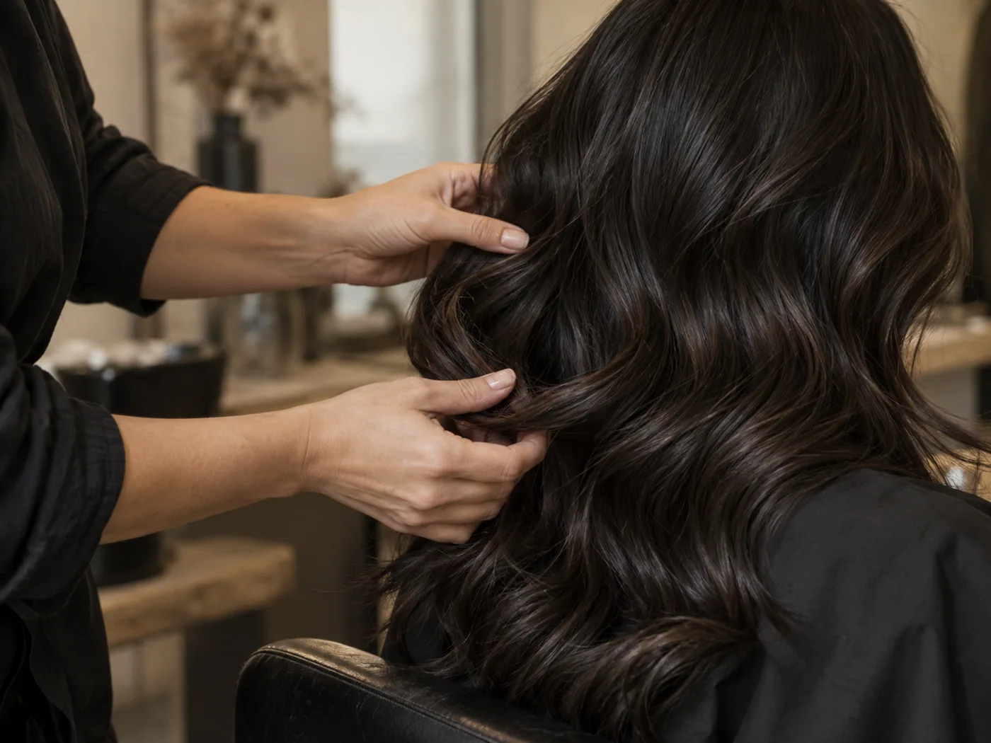 Dettaglio della lavorazione su capelli scuri mossi, fotografia demo